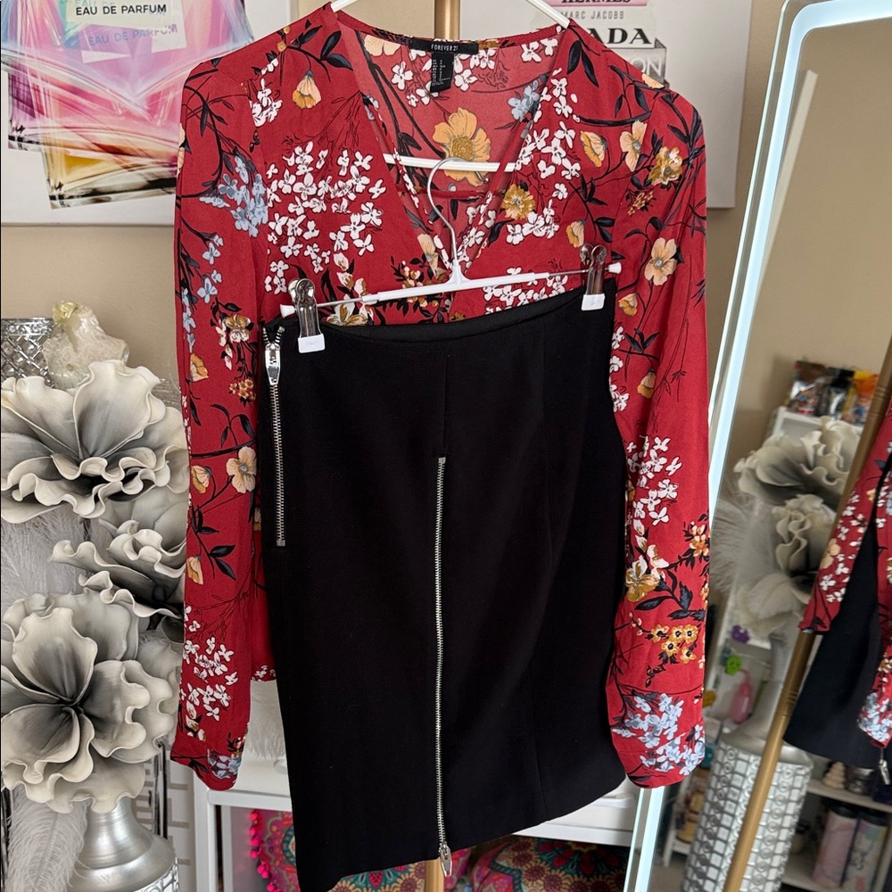 H&M Red and Black Floral Top